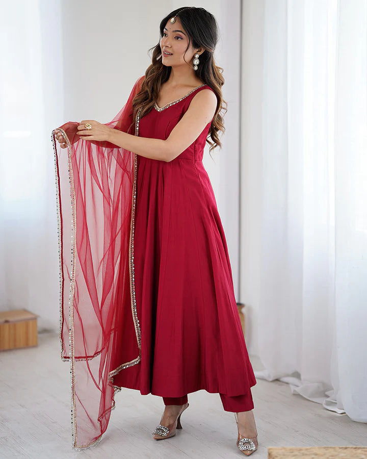 Classic Red Roman Silk Anarkali Suit Set with Dupatta & Pants
