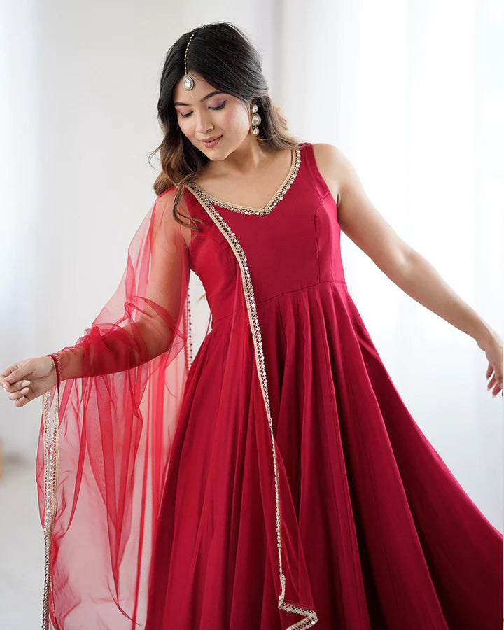 Classic Red Roman Silk Anarkali Suit Set with Dupatta & Pants