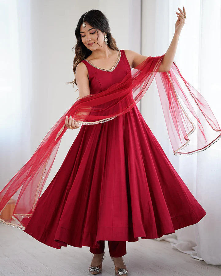 Classic Red Roman Silk Anarkali Suit Set with Dupatta & Pants