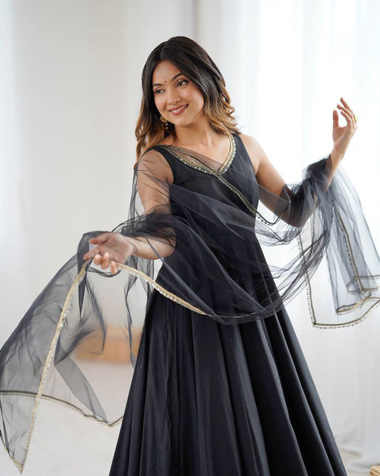 Elegant Black Chanderi Pure Roman Silk Anarkali Suit with Dupatta & Pants