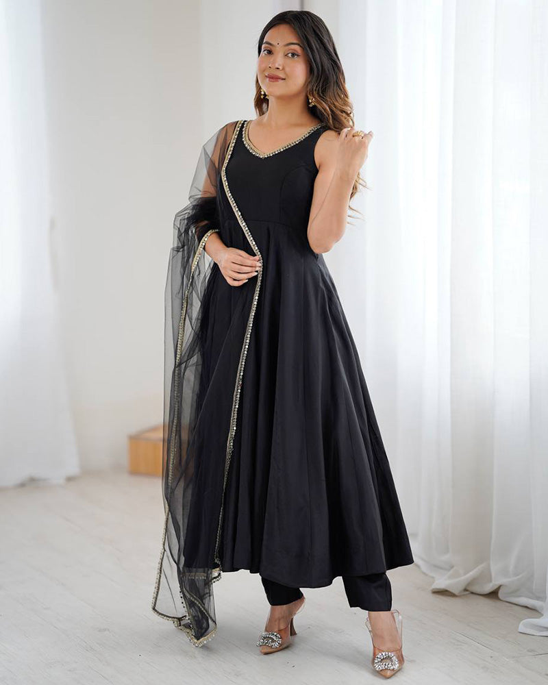 Elegant Black Chanderi Pure Roman Silk Anarkali Suit with Dupatta & Pants