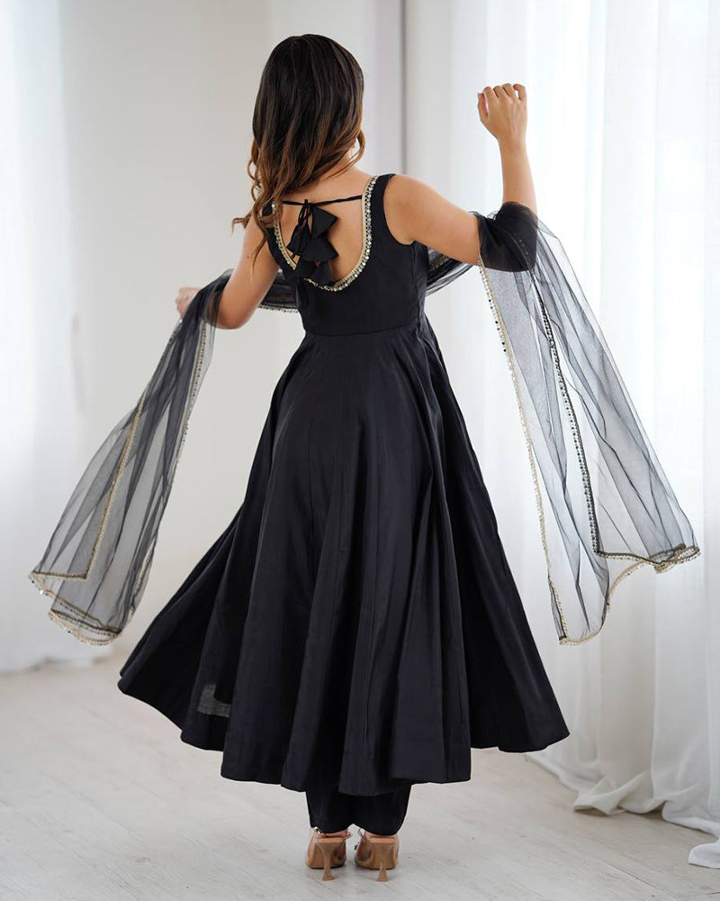 Elegant Black Chanderi Pure Roman Silk Anarkali Suit with Dupatta & Pants