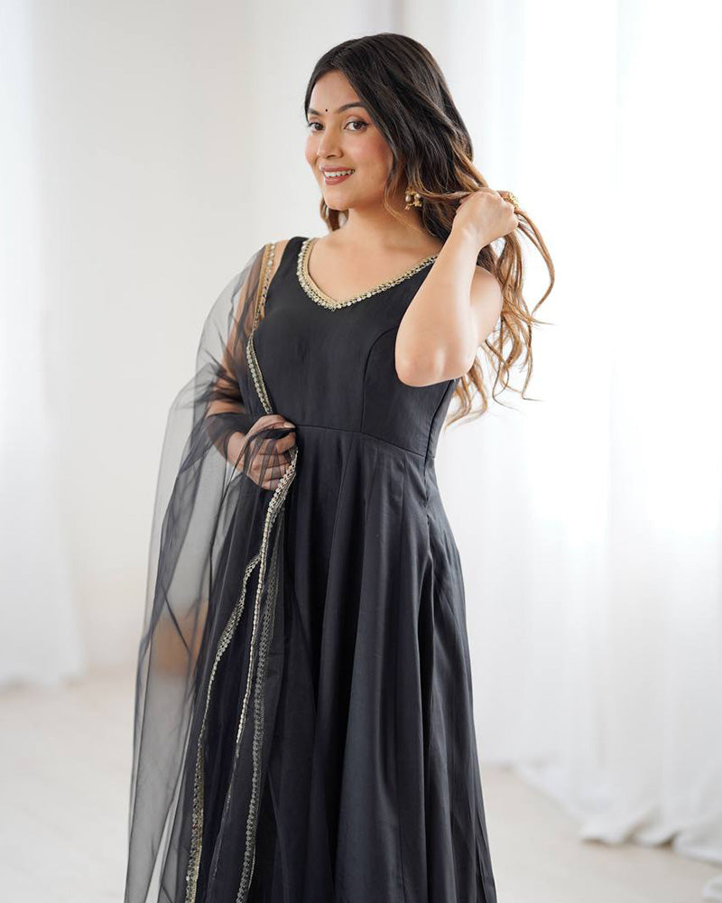 Elegant Black Chanderi Pure Roman Silk Anarkali Suit with Dupatta & Pants