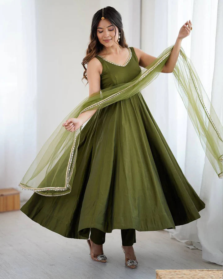 Graceful Olive Green Roman Silk Anarkali Suit Set with Dupatta & Pants