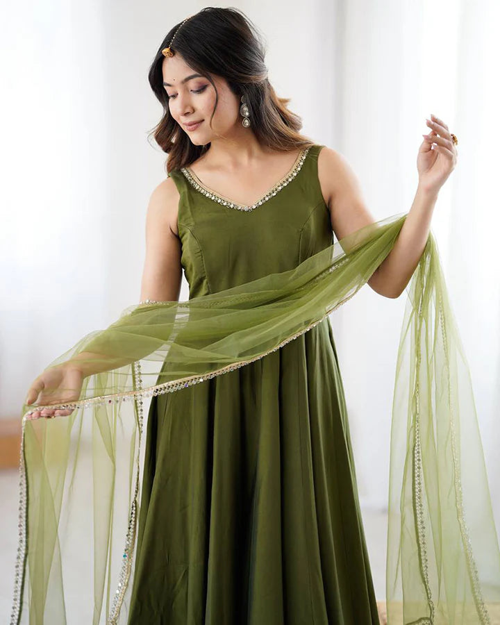 Graceful Olive Green Roman Silk Anarkali Suit Set with Dupatta & Pants