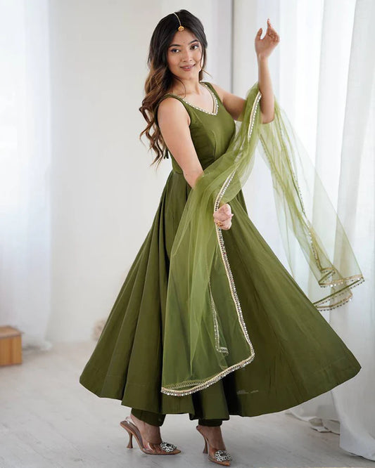 Graceful Olive Green Roman Silk Anarkali Suit Set with Dupatta & Pants
