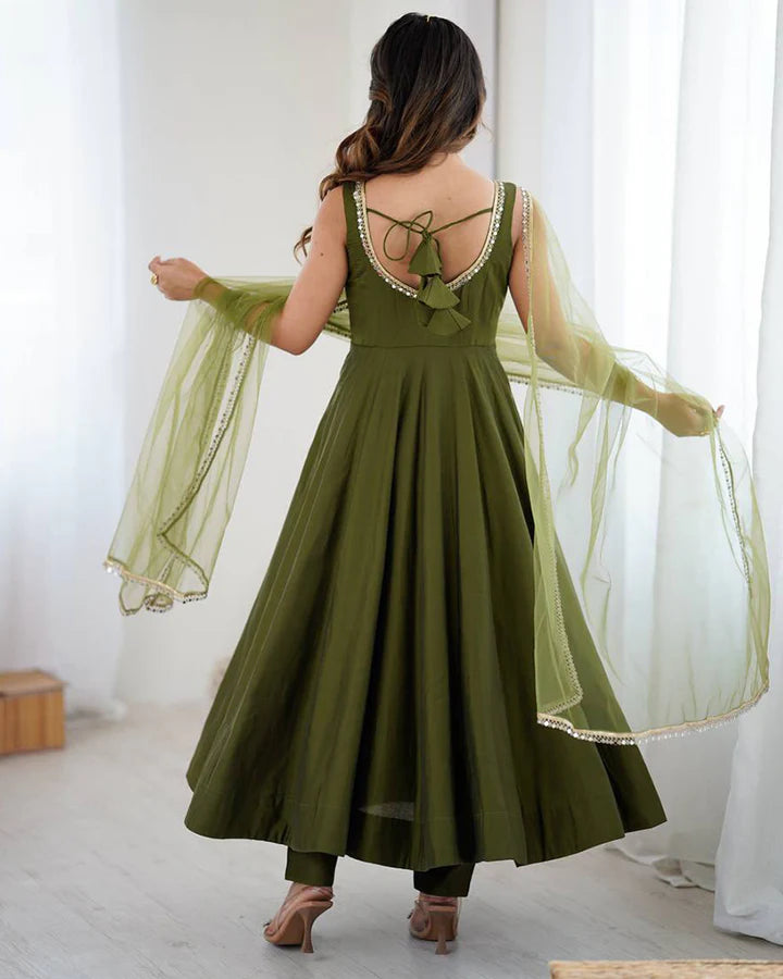 Graceful Olive Green Roman Silk Anarkali Suit Set with Dupatta & Pants