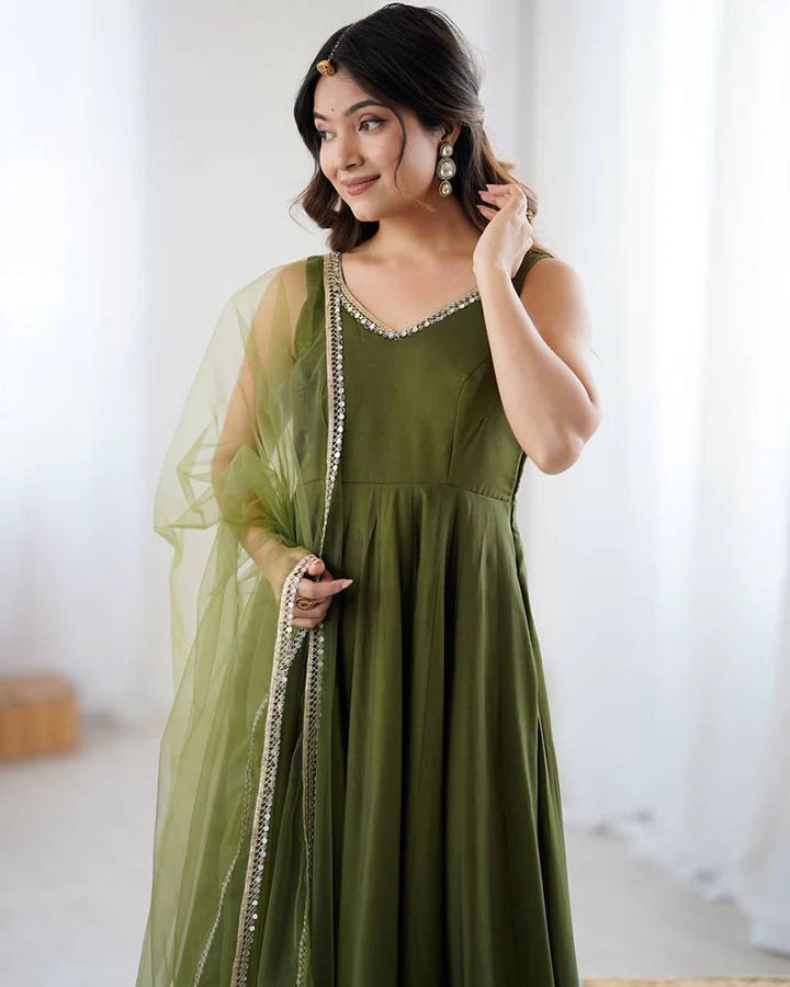 Graceful Olive Green Roman Silk Anarkali Suit Set with Dupatta & Pants