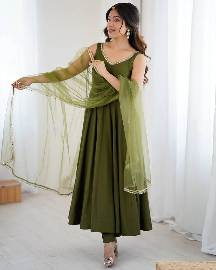 Graceful Olive Green Roman Silk Anarkali Suit Set with Dupatta & Pants