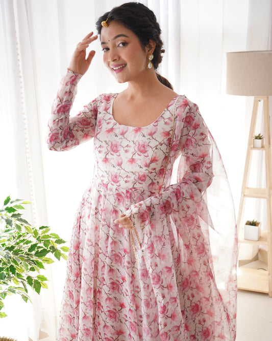 Floral Rose Print White Colour Organza Three Piece Anarkali Suit