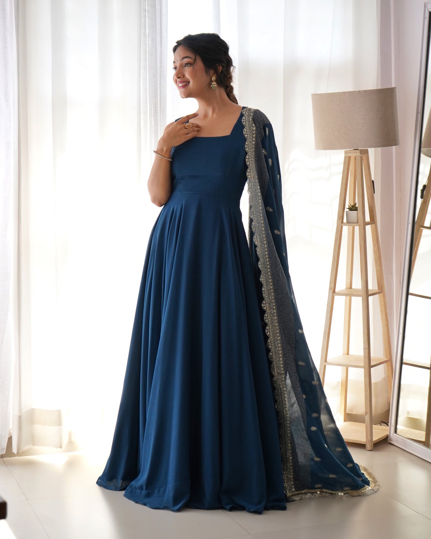 Rama Color Anarkali Gown With Heavy Embroidered Dupatta
