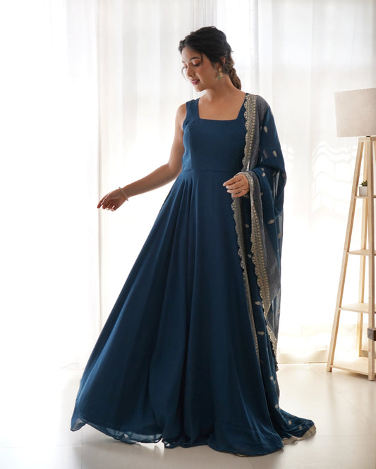 Rama Color Anarkali Gown With Heavy Embroidered Dupatta