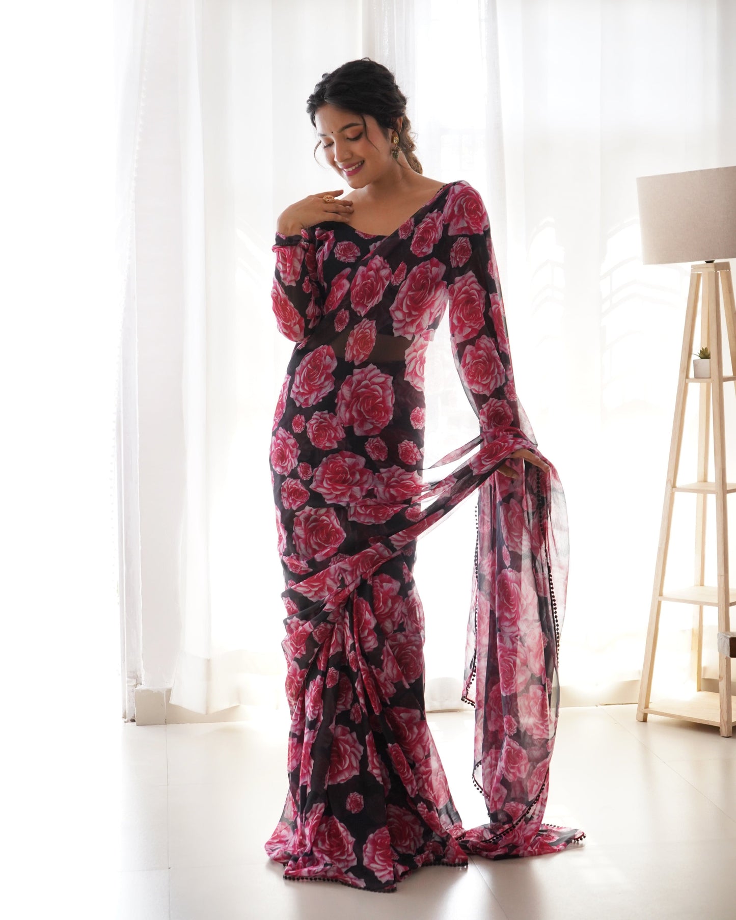 Floral Wine Colour Chiffon Pre Drapped Saree