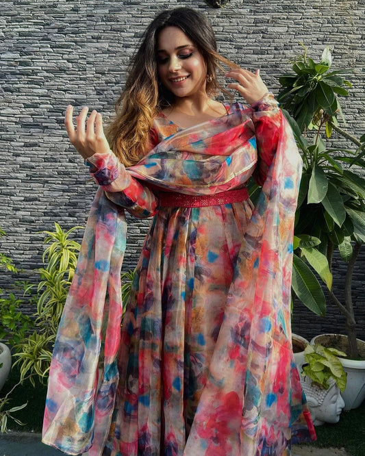 Radhika Khurana Red Multi Color Print Organza Three Piece Anarkali Suit