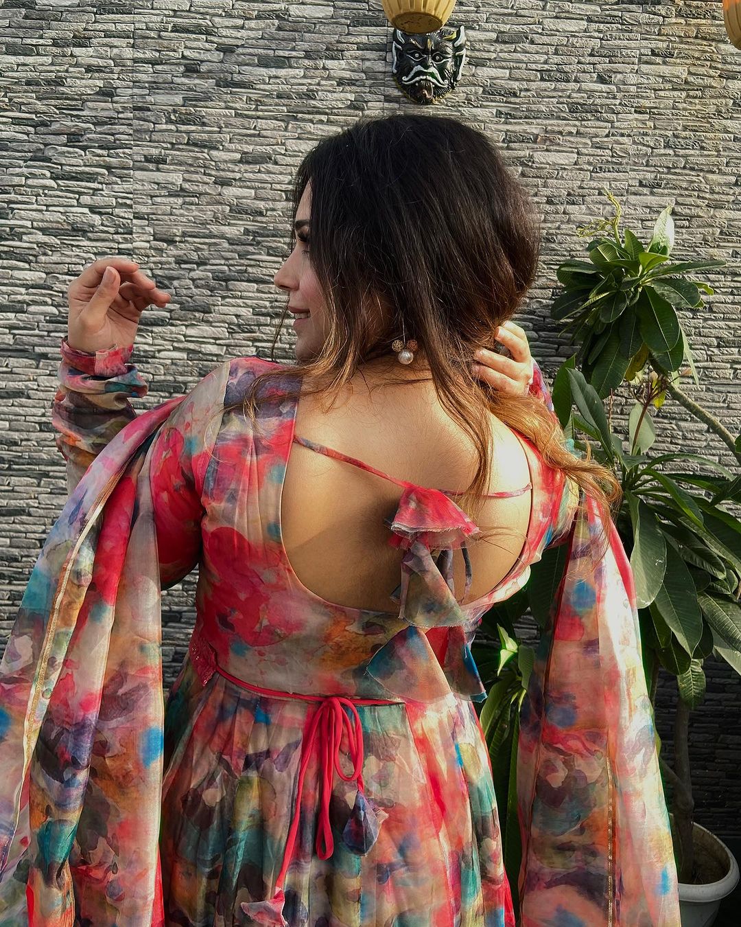 Radhika Khurana Red Multi Color Print Organza Three Piece Anarkali Suit