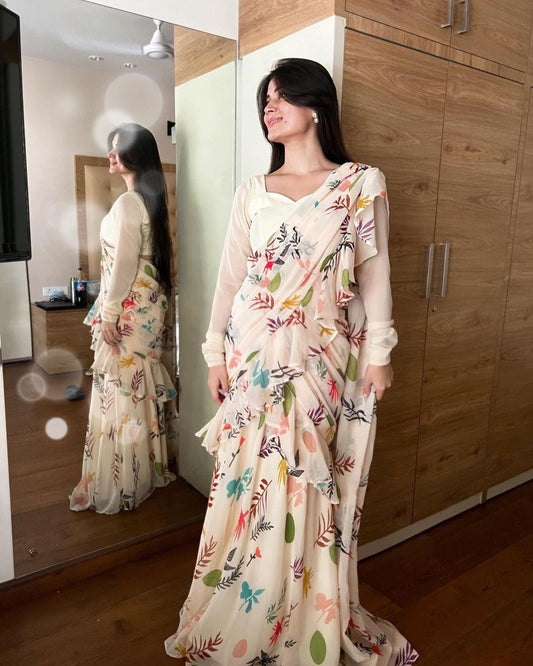 Gunjan Kunwar in Off White Printed Ruffle Lehenga Pre Drapped Saree