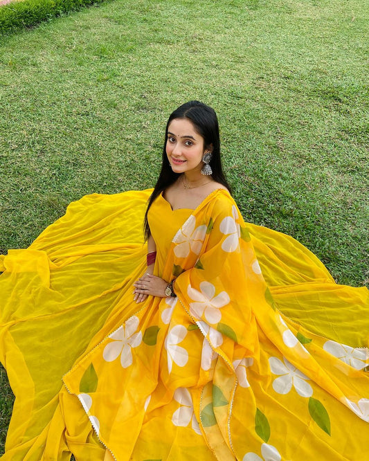 Neha Ghosh in Mustard Yellow Color Soft Georgette Anarkali Gown With Floral Printed Dupatta