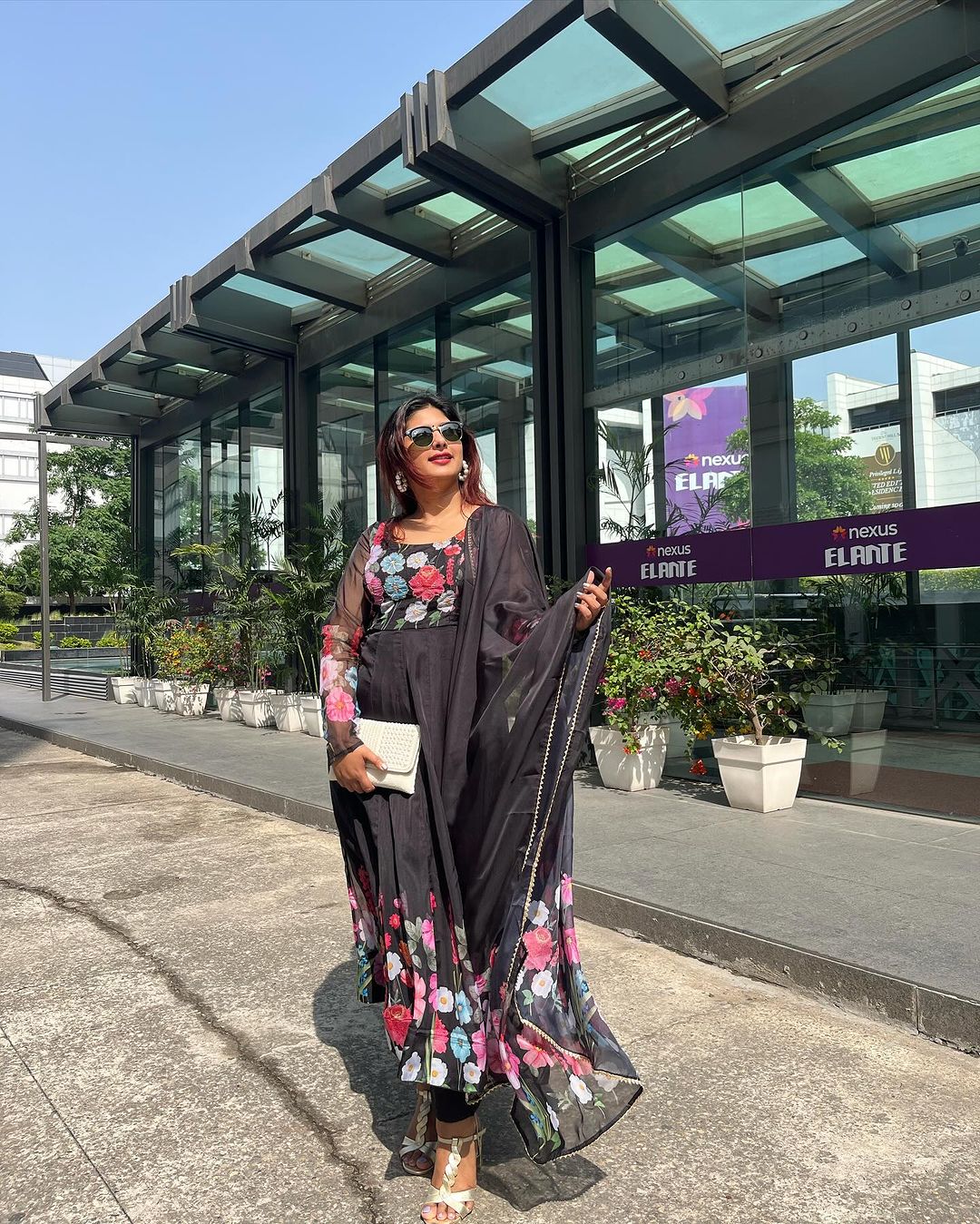 Shalini Singh in Black Floral Print Organza Three Piece Anarkali Suit