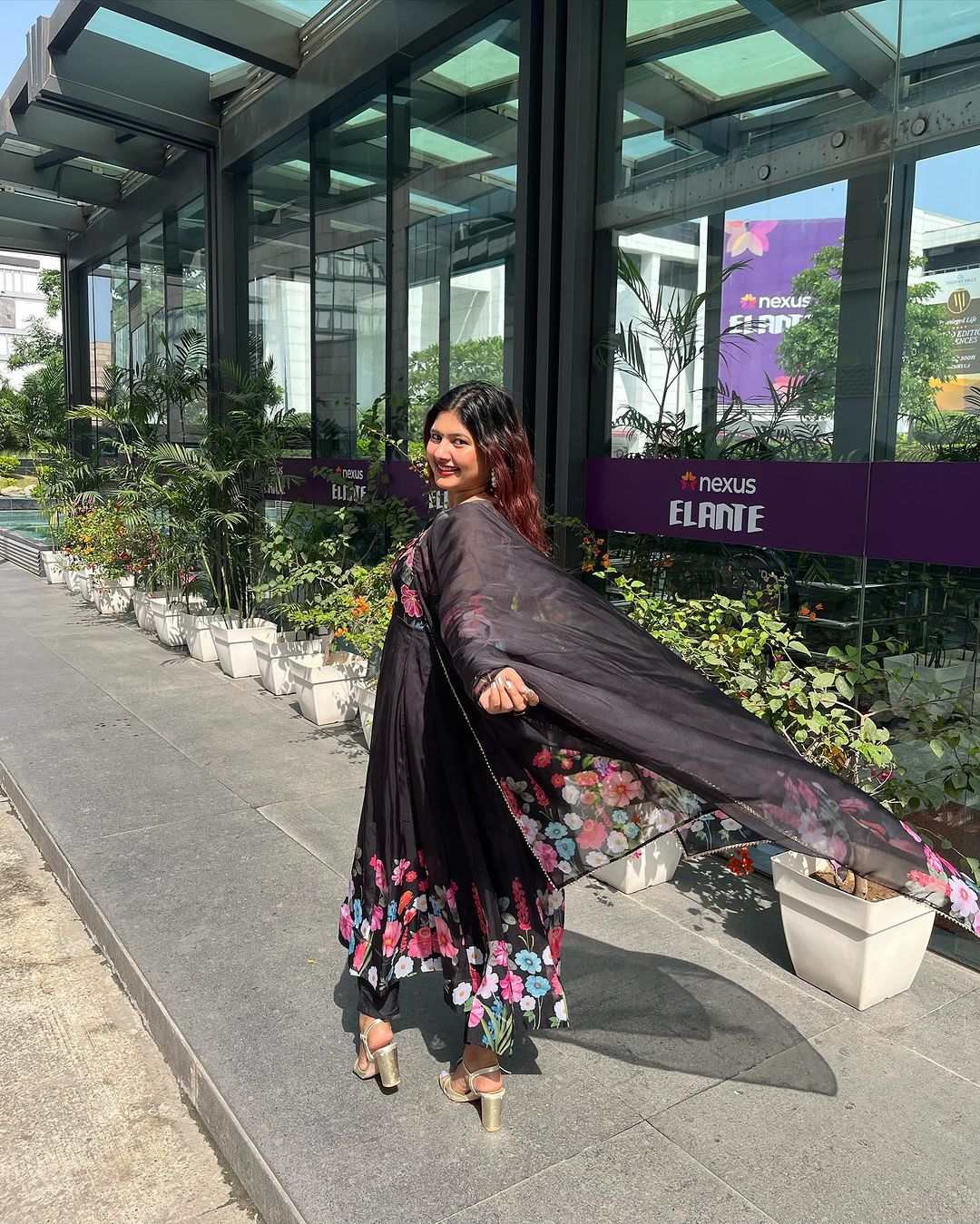 Shalini Singh in Black Floral Print Organza Three Piece Anarkali Suit