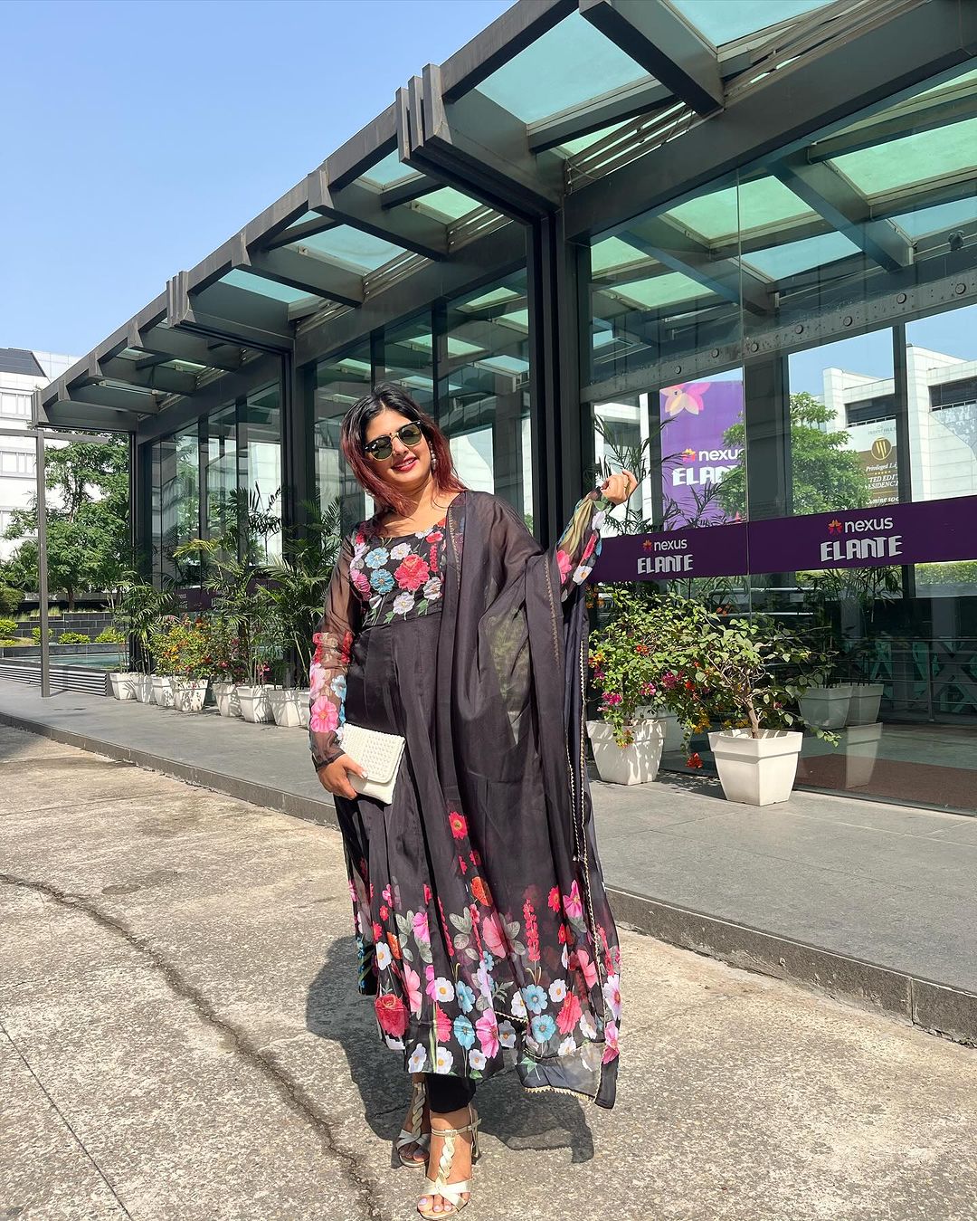 Shalini Singh in Black Floral Print Organza Three Piece Anarkali Suit