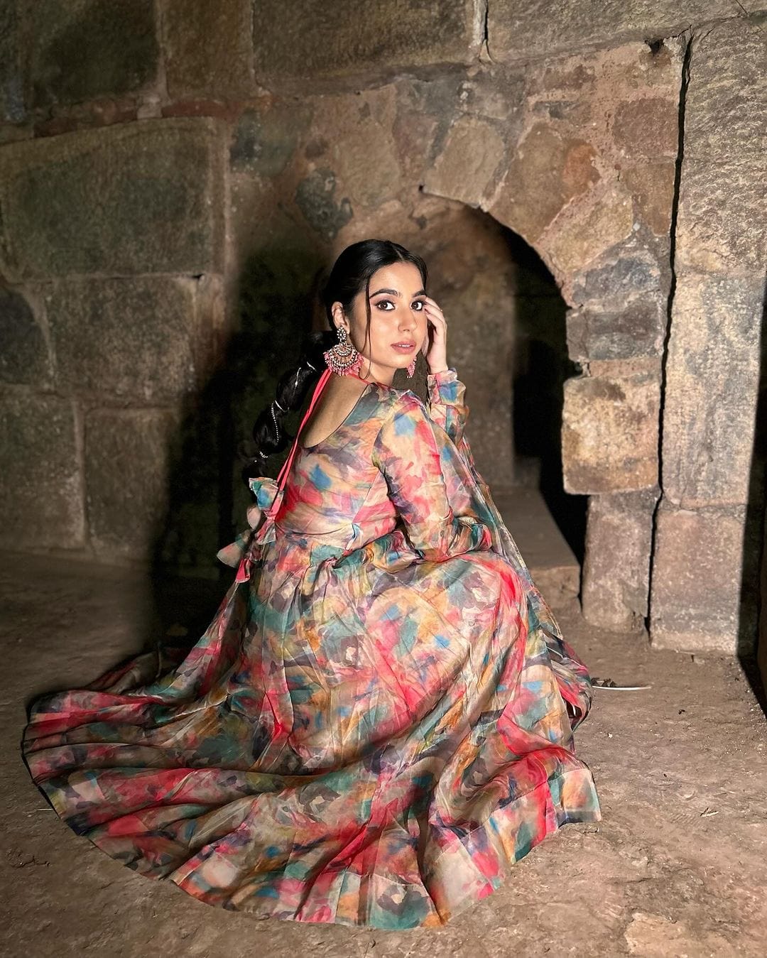 Tanya Gulati in Red Multi Color Print Organza Three Piece Anarkali Suit