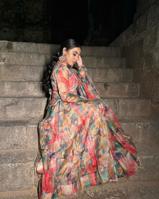 Tanya Gulati in Red Multi Color Print Organza Three Piece Anarkali Suit