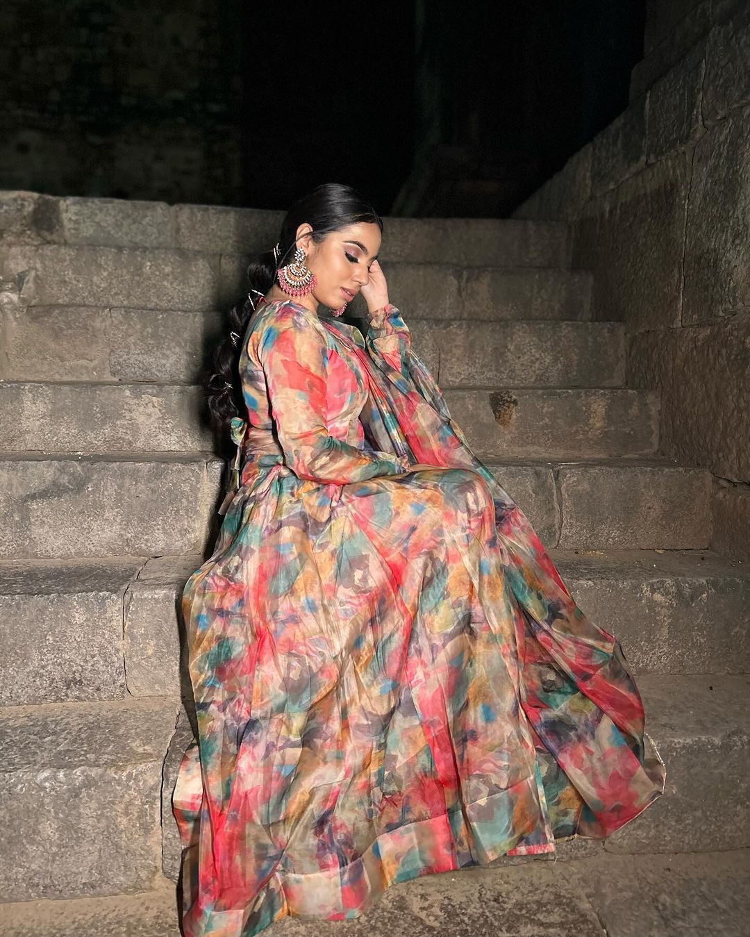 Tanya Gulati in Red Multi Color Print Organza Three Piece Anarkali Suit