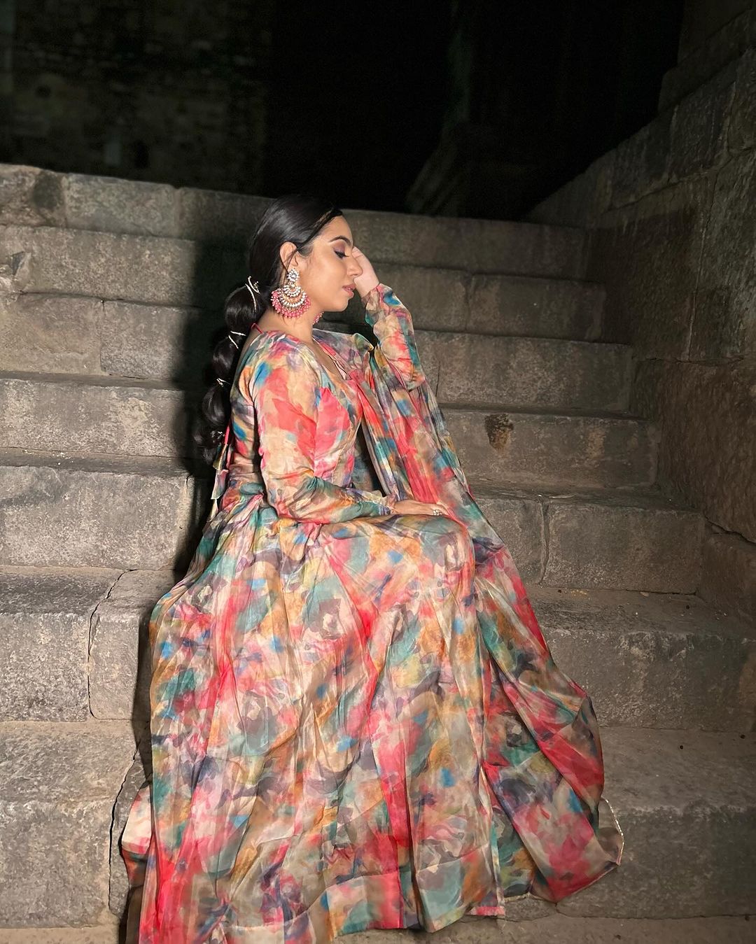 Tanya Gulati in Red Multi Color Print Organza Three Piece Anarkali Suit