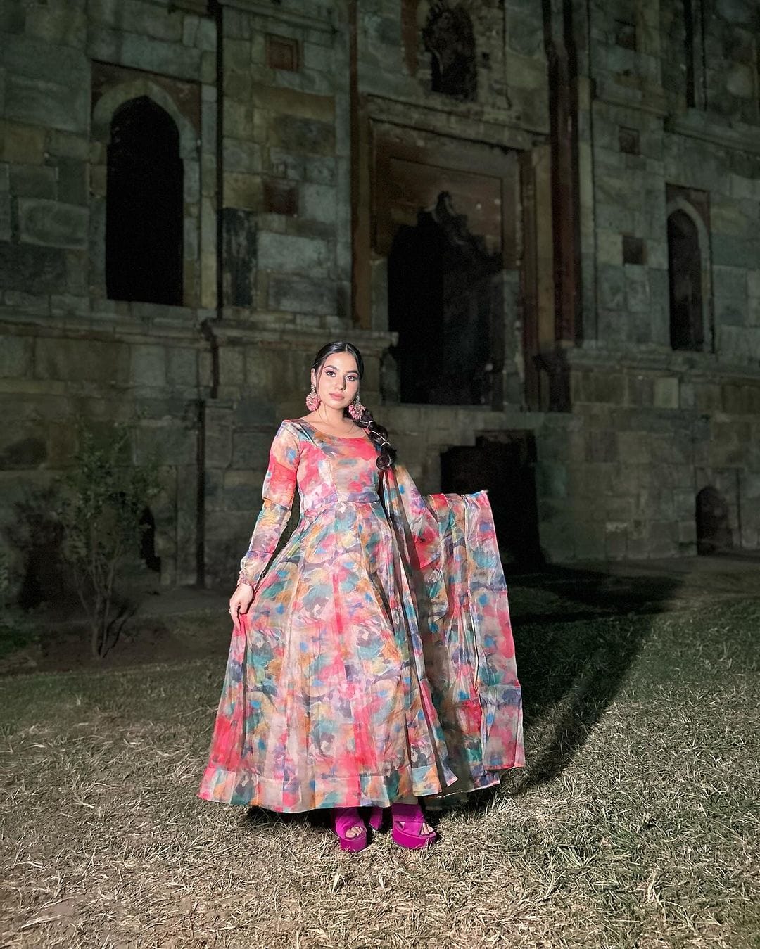 Tanya Gulati in Red Multi Color Print Organza Three Piece Anarkali Suit