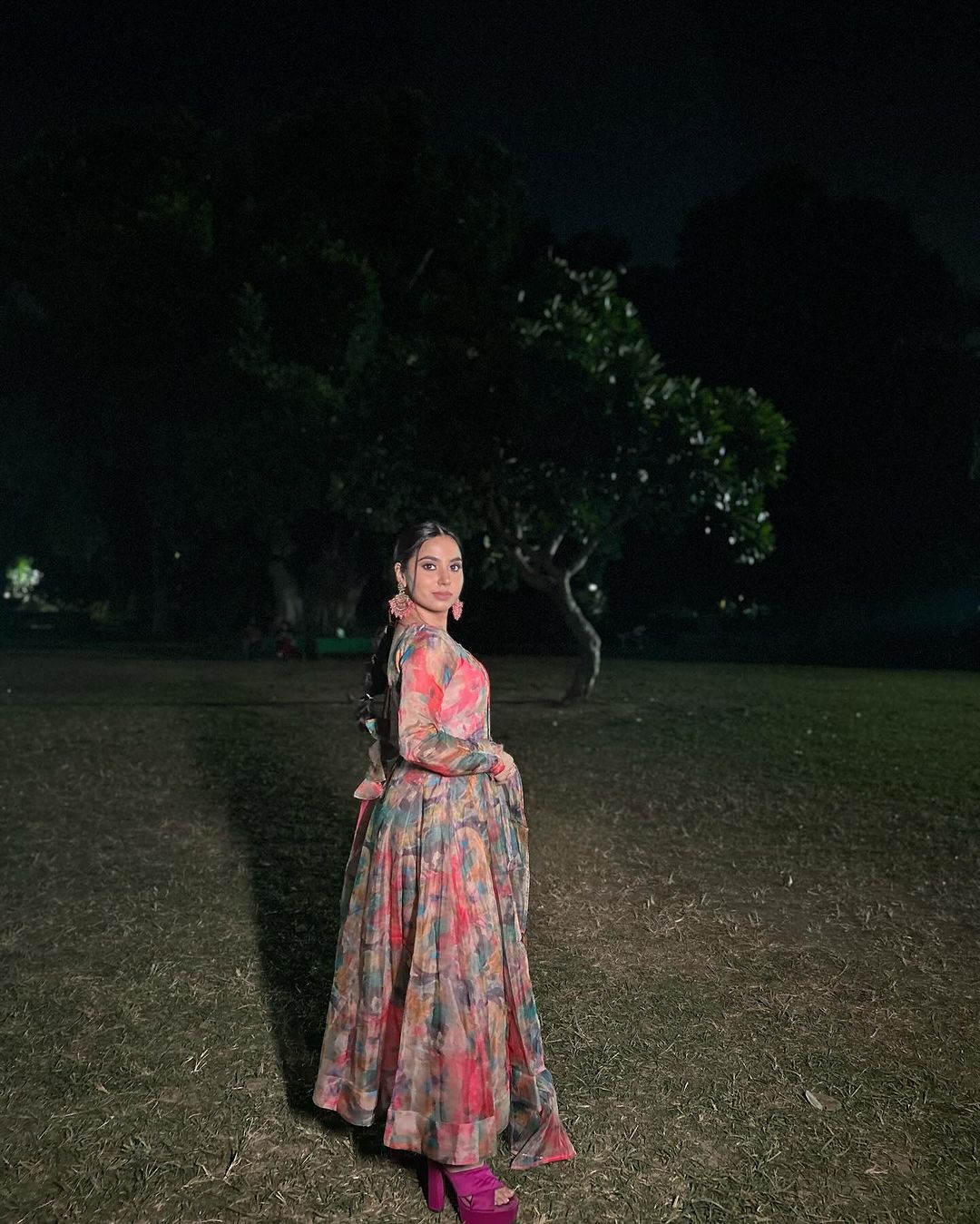 Tanya Gulati in Red Multi Color Print Organza Three Piece Anarkali Suit