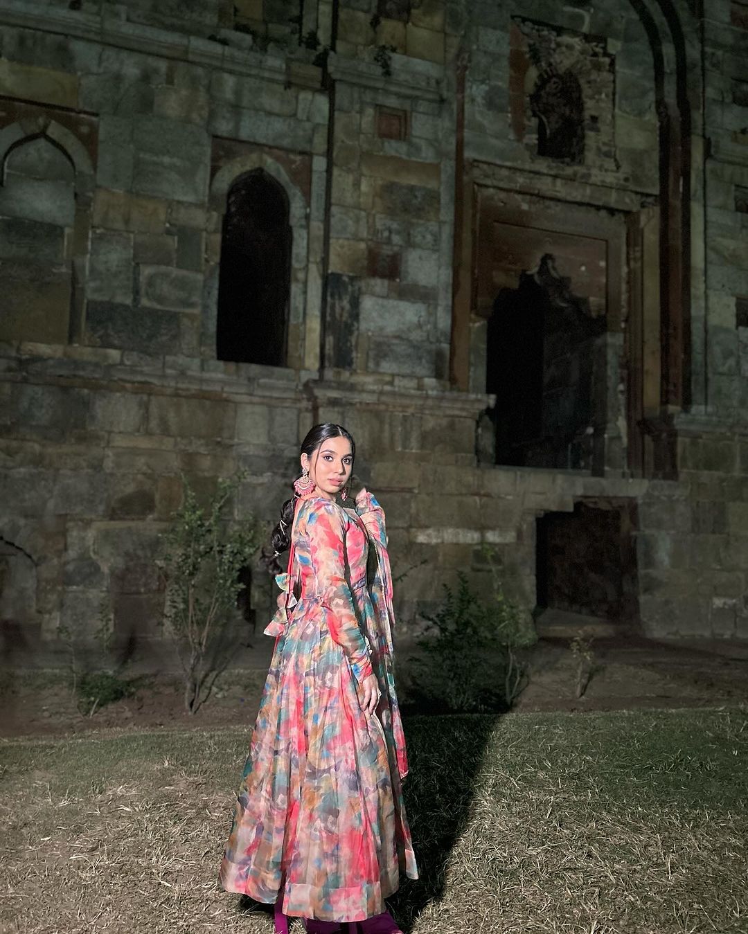 Tanya Gulati in Red Multi Color Print Organza Three Piece Anarkali Suit