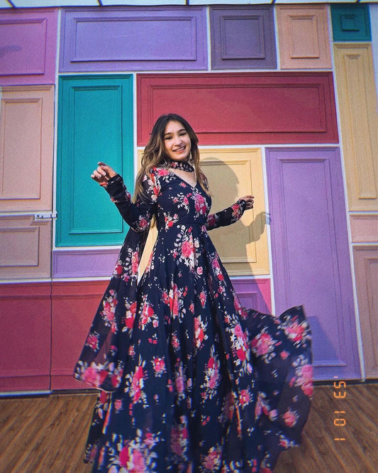 Kiran Rana In Floral Navy Blue Color Anarkali Suit