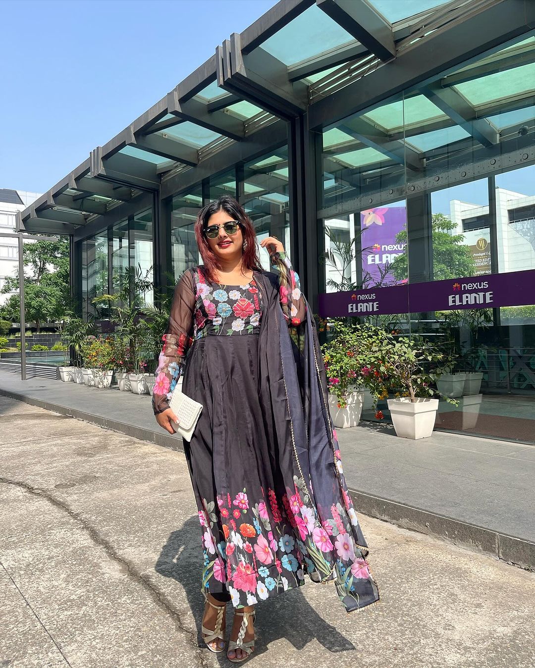 Shalini Singh in Black Floral Print Organza Three Piece Anarkali Suit