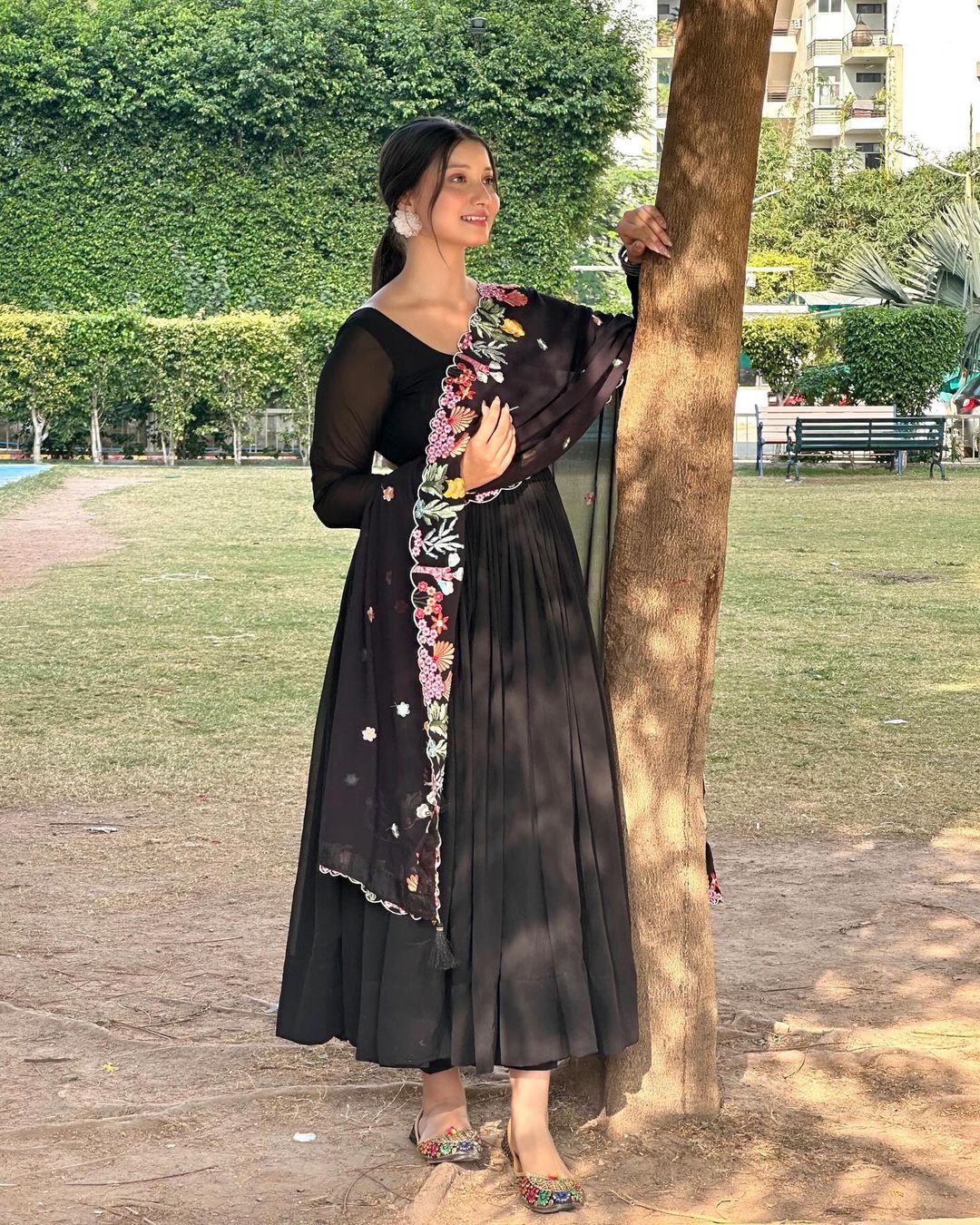 Khushi Verma in Black Colour Backless Anarkali Three Piece Suit