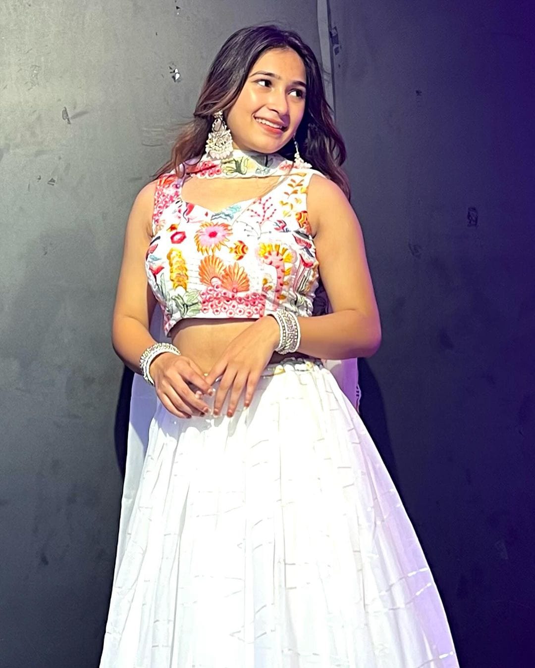 Kiran Rana in White Floral Nine Color Threaded Embroidered Soft Georgette Semi Stitched Lehenga Choli