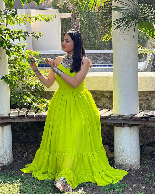Dr. Krishna Patel in Neon Color Pure Soft Georgette Anarkali Gown