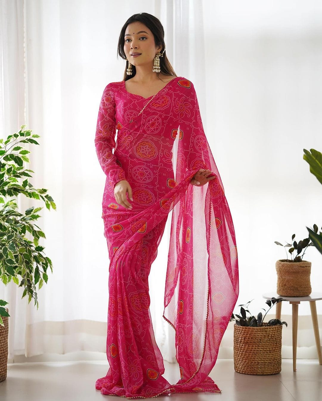 Arti Chauhan In Pink Bandhej Chiffon Pre Drapped Saree