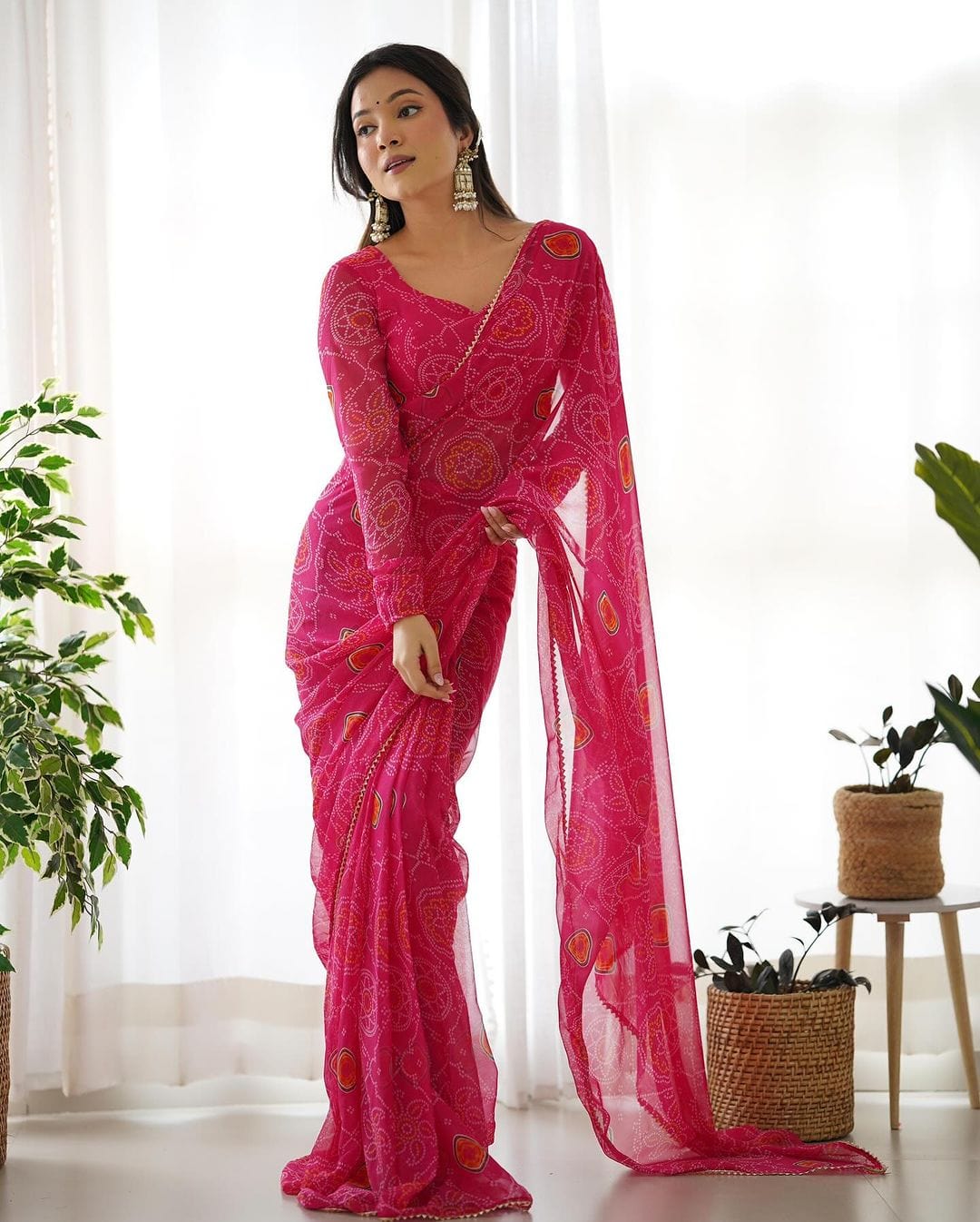 Arti Chauhan In Pink Bandhej Chiffon Pre Drapped Saree