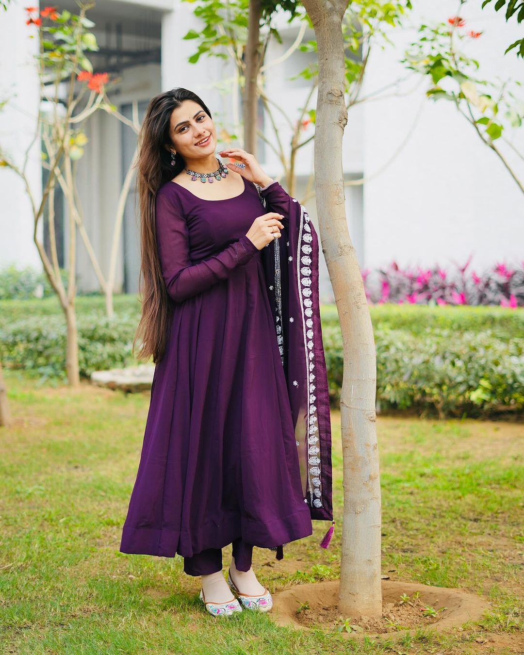 Diksha Mohanpawar Georgette Wine Purple Colour Three Piece Anarkali Suit