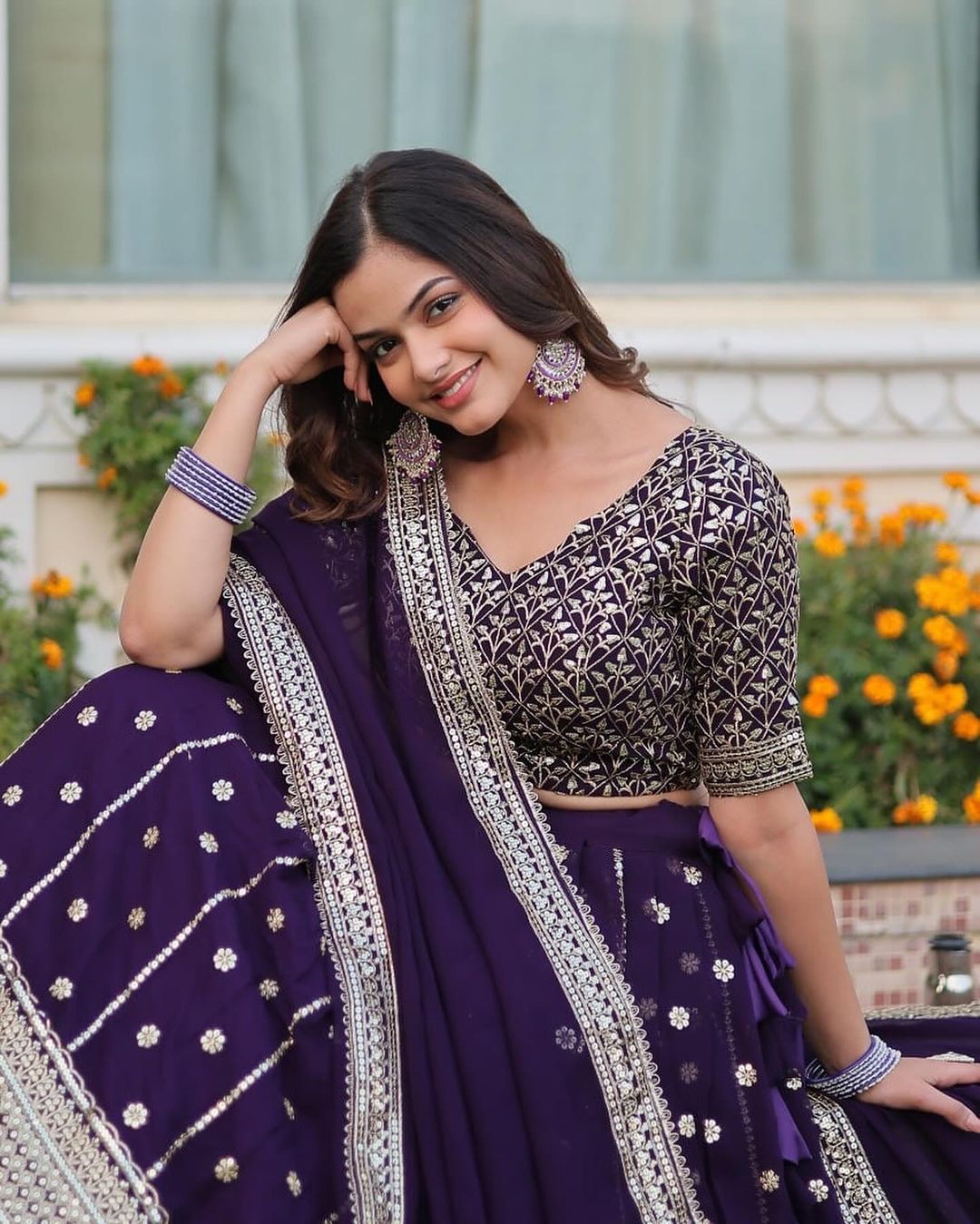 Dark Purple Blooming Soft Georgette Heavy Embroidery Semi Stitched Lehenga Choli