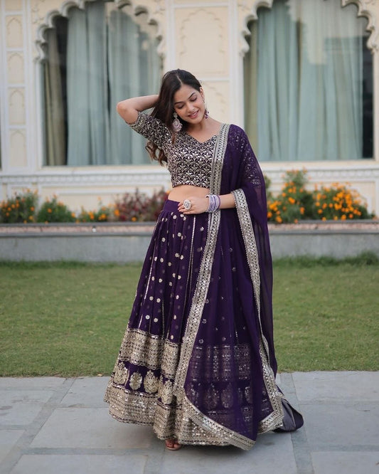 Dark Purple Blooming Soft Georgette Heavy Embroidery Semi Stitched Lehenga Choli