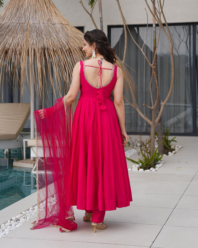 Vibrant Pink Roman Silk Anarkali Suit Set with Dupatta & Pants