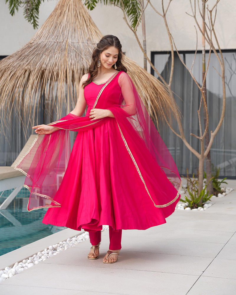 Vibrant Pink Roman Silk Anarkali Suit Set with Dupatta & Pants