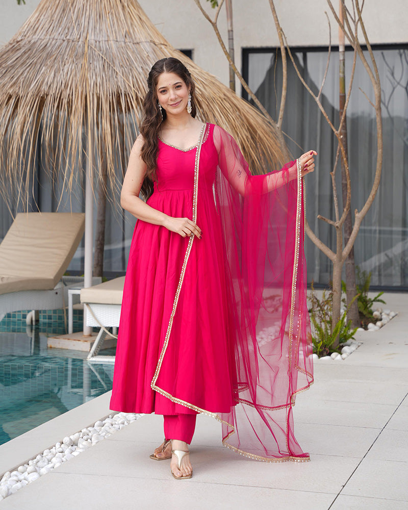 Vibrant Pink Roman Silk Anarkali Suit Set with Dupatta & Pants