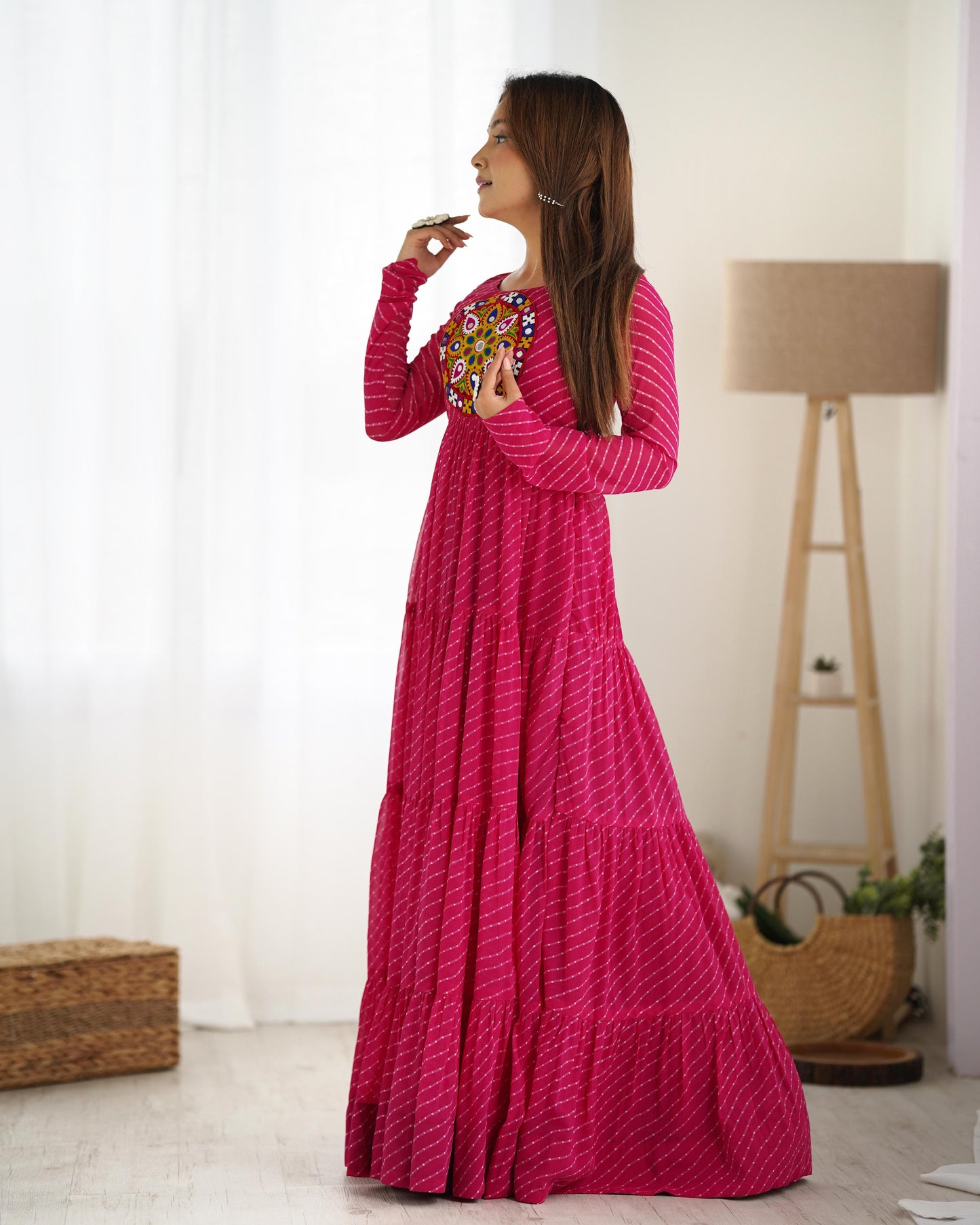 Rani Pink Color Georgette Laheriya Print Navratri Gown