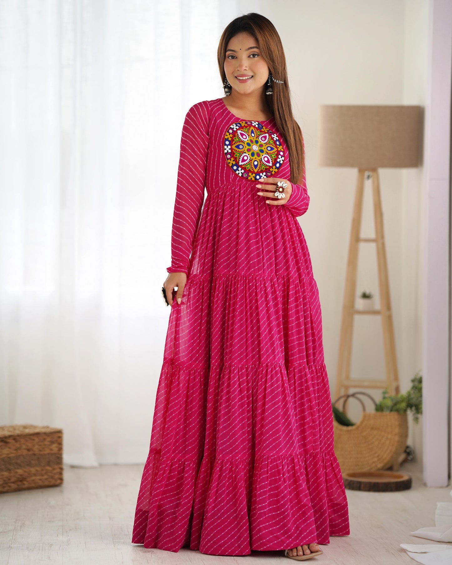 Rani Pink Color Georgette Laheriya Print Navratri Gown