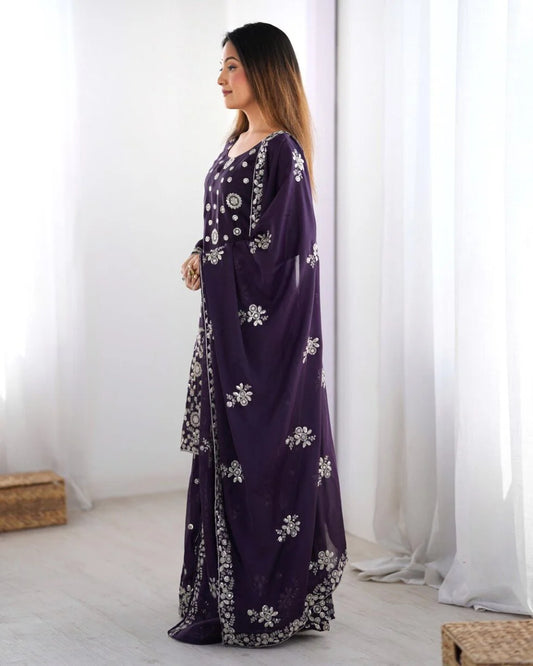 Premium Star Georgette Kurta Sharara – Wine Thread & Sequins Work for Occasions