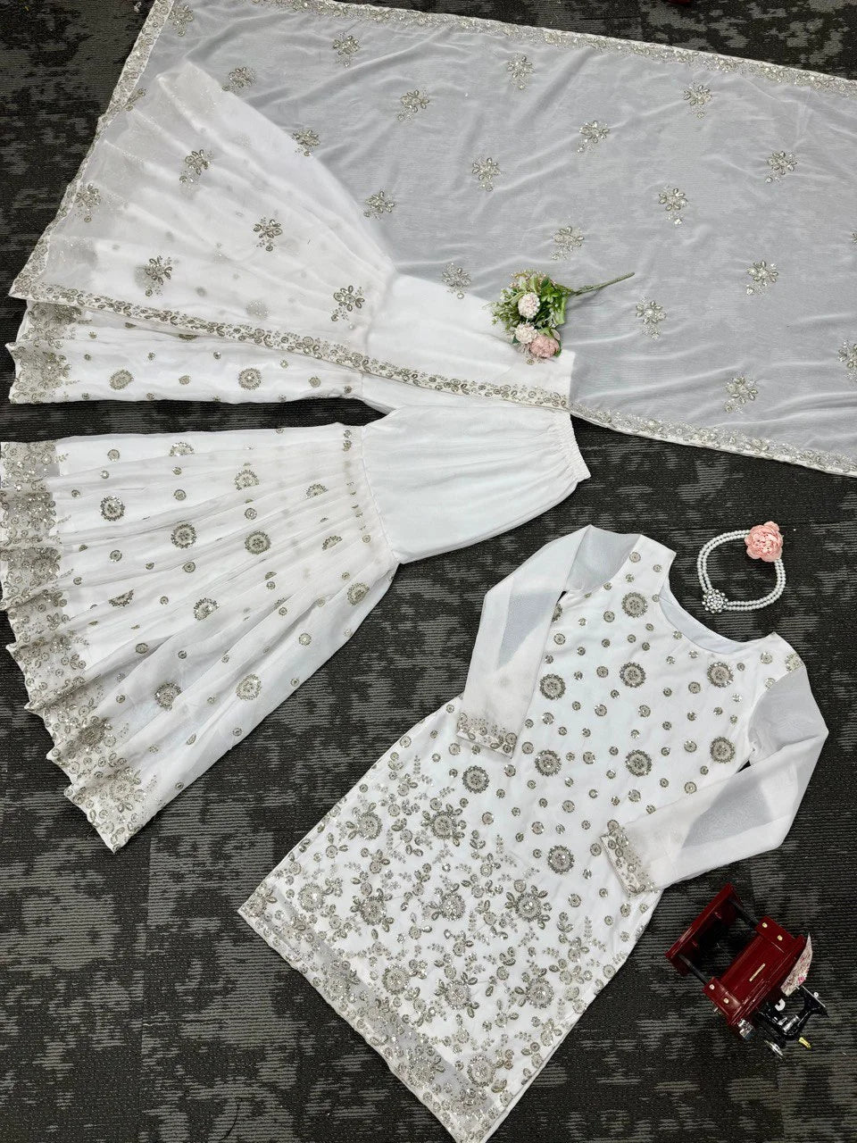 Premium Star Georgette Kurta Sharara – White Thread & Sequins Work for Occasions