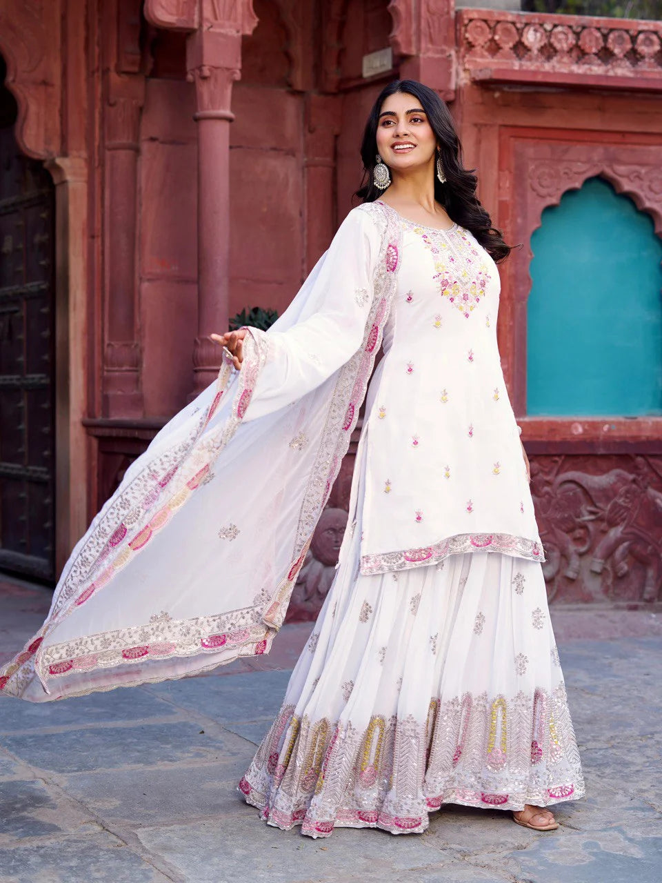 Georgette Ready to Wear White Sharara for Women – Ethnic Thread & Sequins Work