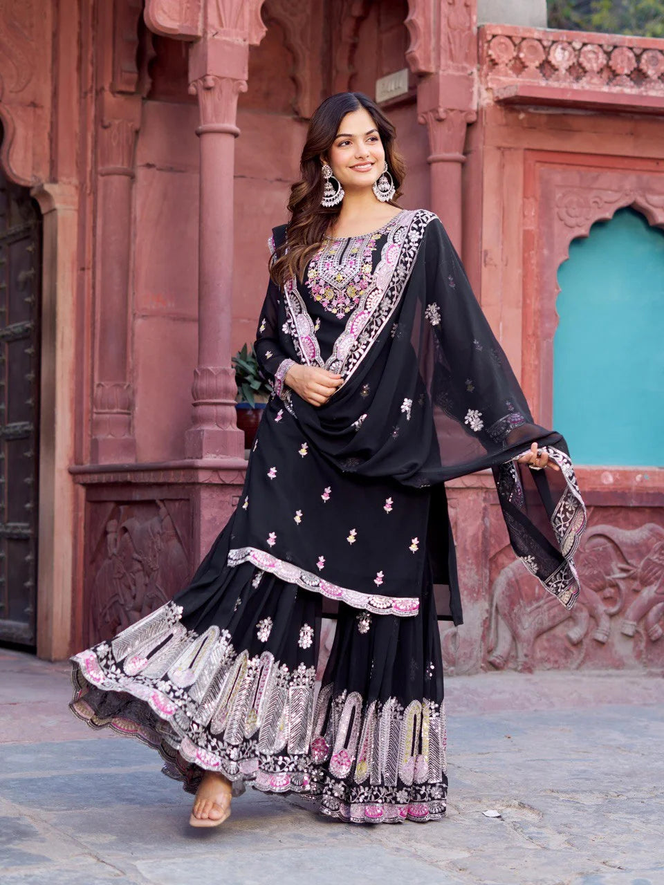 Georgette Ready to Wear Black Sharara for Women – Ethnic Thread & Sequins Work